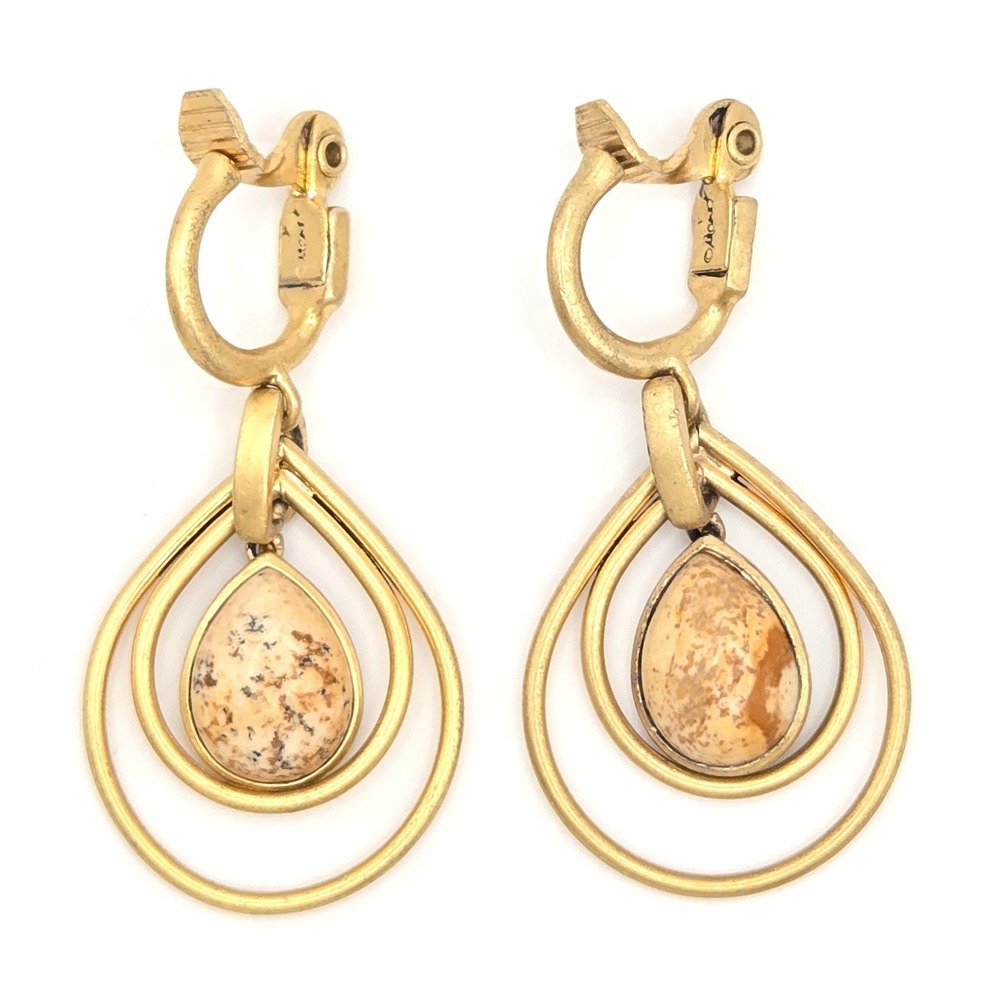 Vintage Monet Gold Tone Triple Teardrop Clip On Earrings Speckled Jasper Dangle